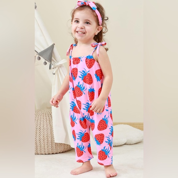 Baby Girls Romper Jumpsuit Summer Clothes Adjustable Tie-Up Strap with Pocket - Picture 1 of 3